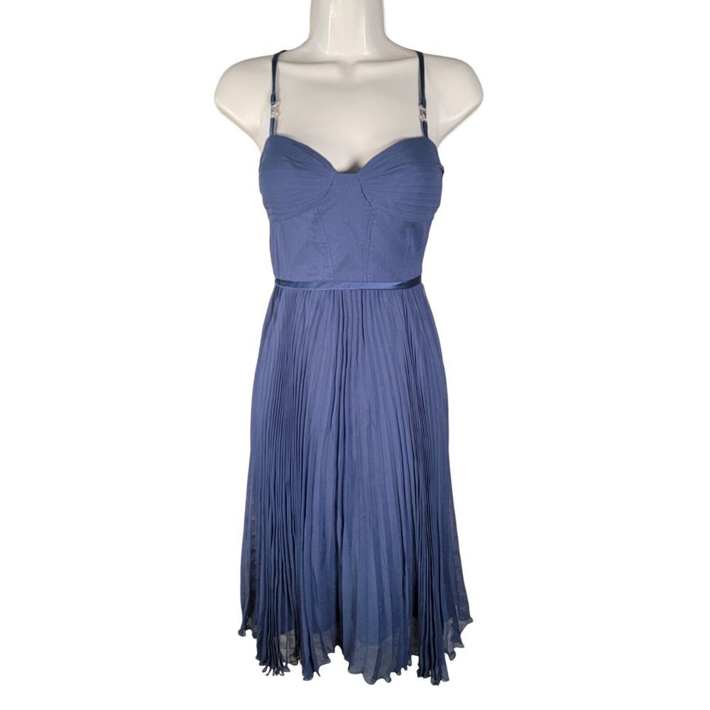 Laundry Shelli Segal Size 4 Blue 100% Silk Padded Bustier Dress Rhinestone Strap